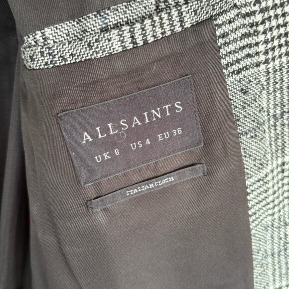 AllSaints Dustie Houndstooth Plaid Coat 4 Black Gray Trench All Saints Jacket 90 - Picture 8 of 9
